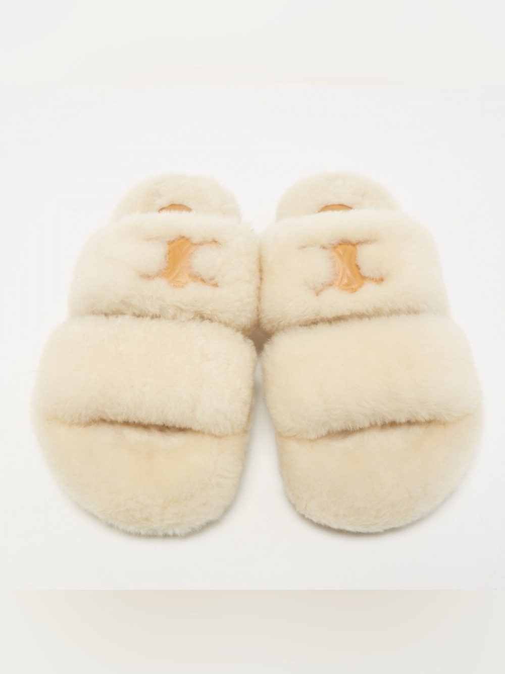 Celine Fur Flat Slides - Cozy Shearling Slippers with Accents - Size 6